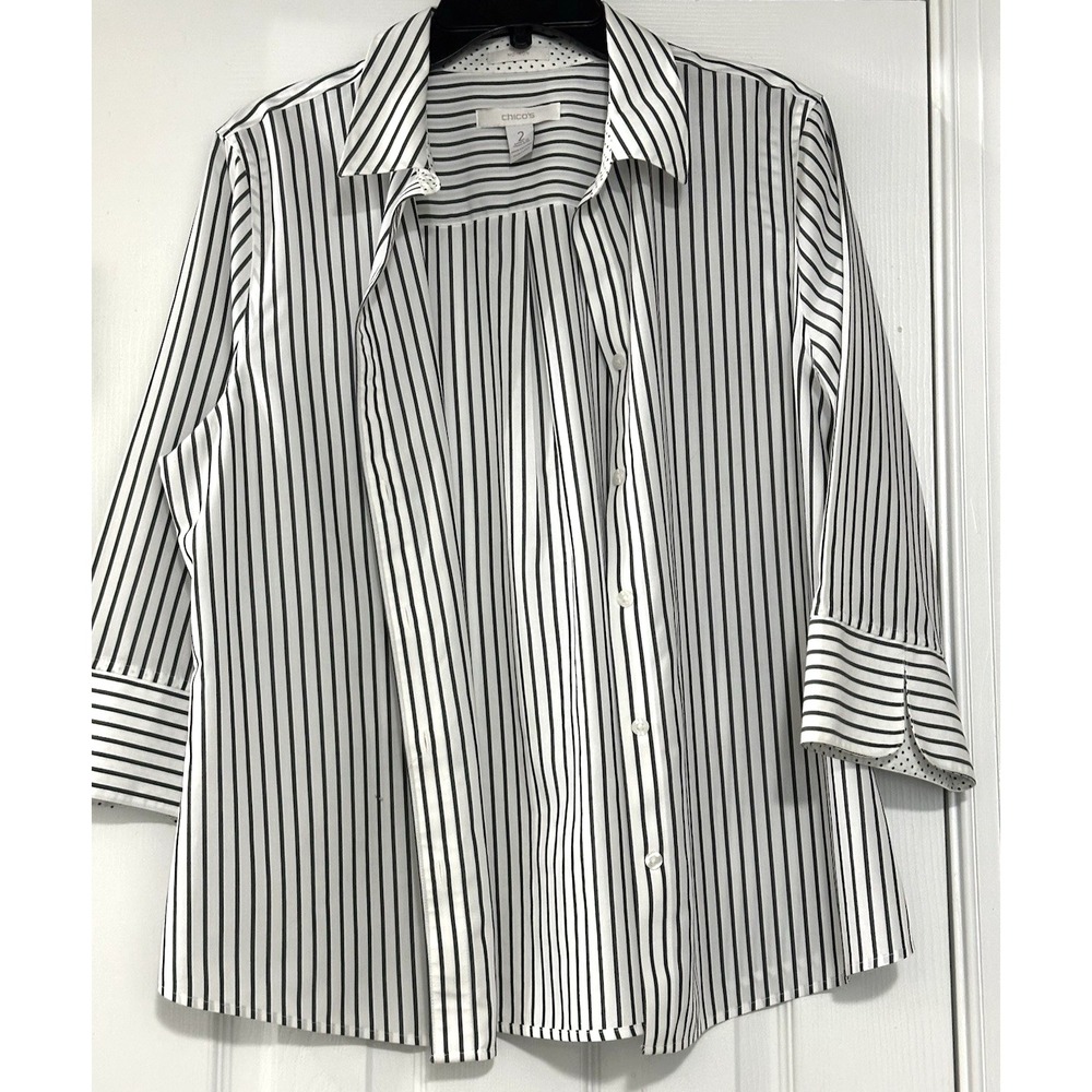Chico's Size (2) White with Black Strips Button Down Oversized Blouse